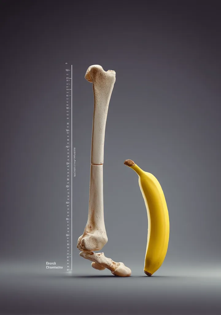 A human tibia and fibula bone stands beside a banana.  A centimeter scale runs alongside the bone, visually comparing the lengths of the two items. The image is stark, with a grey background that contrasts with the light bone and yellow banana. The juxtaposition is humorous and unexpected, highlighting the size difference between a human bone and a piece of fruit.