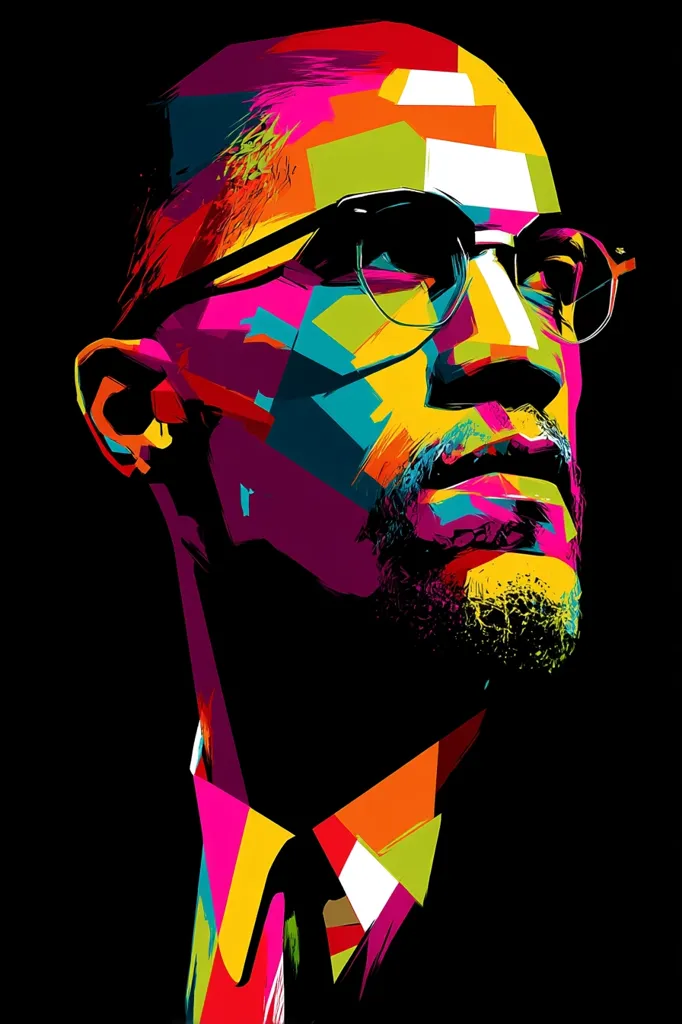A vibrant, stylized portrait of Malcolm X.  The image utilizes bold, geometric shapes and a contrasting color palette of pinks, oranges, greens, and blues against a black background.  His glasses and goatee are clearly defined, while his face is rendered in a fragmented, almost cubist style. The overall effect is a powerful and modern interpretation of the iconic civil rights leader.