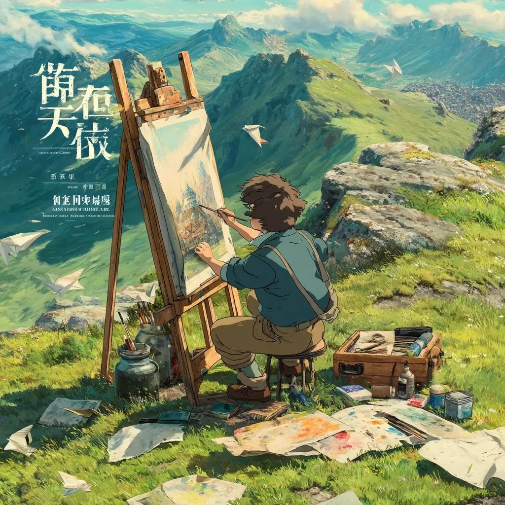 A young artist sits on a stool, painting a vibrant cityscape on an easel.  The breathtaking landscape of rolling green hills and distant mountains forms a stunning backdrop. Paper airplanes drift in the breeze, adding a whimsical touch. The scene is peaceful and serene, capturing the beauty of nature and the creative process.  The artwork evokes a feeling of tranquility and artistic inspiration.
