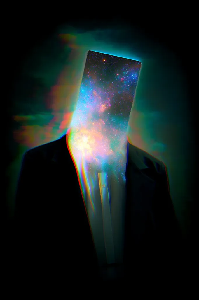 A surreal image depicts a figure in a dark suit.  Their head is replaced by a vibrant, rectangular window showcasing a nebula, a cosmic scene of swirling colors and stars.  The overall effect is a blend of the mundane and the extraordinary, suggesting hidden depths or an internal universe.  A glitch effect adds to the otherworldly feel.
