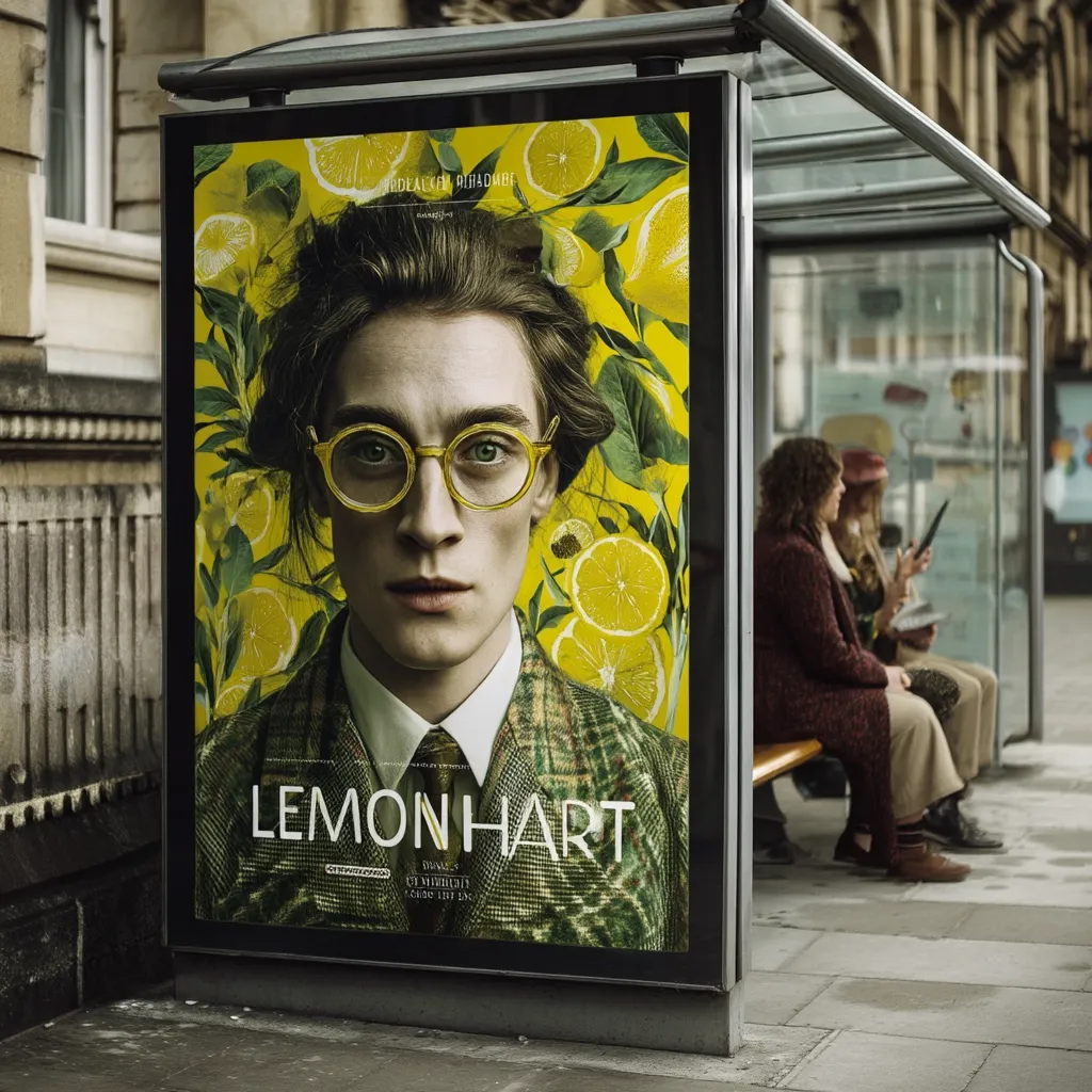 A bus shelter advertisement showcases the film "Lemon Hart."  The poster features a stylized portrait of a young person with round glasses, set against a vibrant background of lemons and leaves.  Two women wait at the bus stop, seemingly oblivious to the poster's bold imagery.  The overall aesthetic is striking and eye-catching, creating a memorable advertisement for the movie.