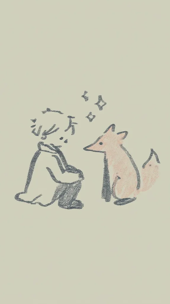 A charming hand-drawn illustration depicts a person in a coat seated beside a fox.  The style is simple and childlike, using soft pastel colors and sketchy lines. Small, sparkling details float between the figures, adding a whimsical touch.  The overall mood is serene and peaceful, suggesting a quiet moment of companionship between the human and animal.