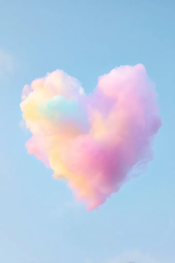 A pastel-colored cloud in the shape of a heart floats against a pale blue sky.  The cloud is predominantly pink and light purple, with hints of yellow and blue, resembling cotton candy.  The image evokes feelings of sweetness, love, and serenity.  The soft lighting and muted colors create a dreamy and whimsical atmosphere.