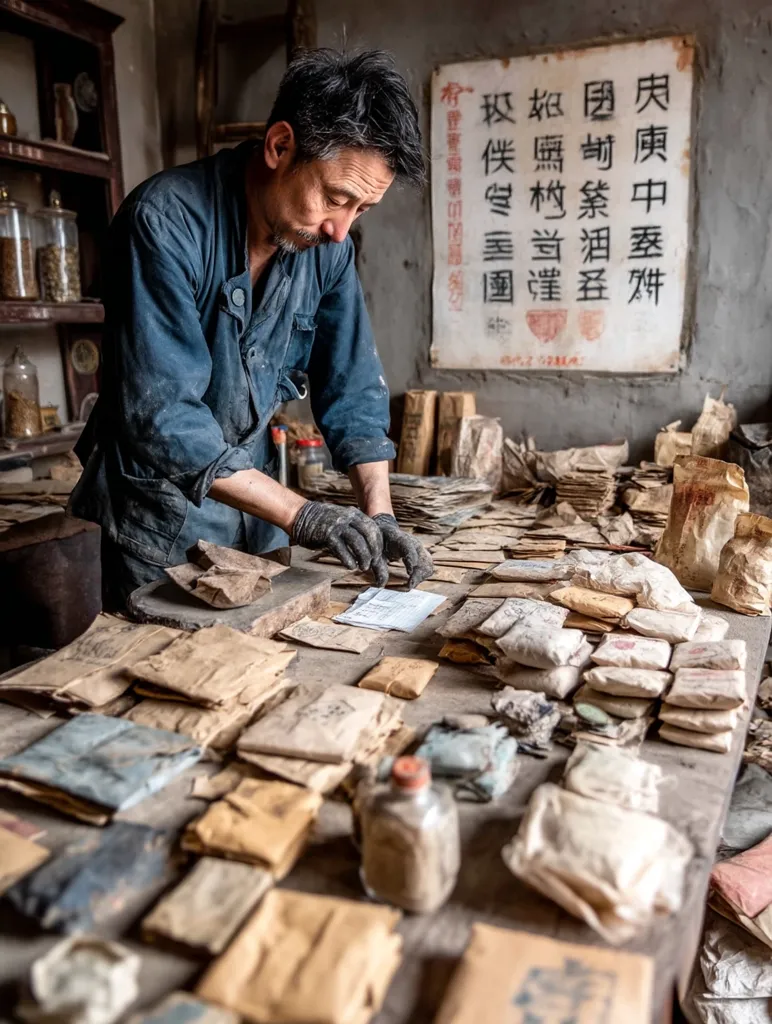 A man meticulously sorts through numerous small, aged paper packets on a worn wooden table.  He is wearing a dark blue work jacket and gloves, concentrating on the task.  The setting appears to be a cluttered, rustic shop or apothecary, evidenced by shelves of jars and a sign in Chinese script on the wall.  The scene suggests a historical context, possibly related to herbal remedies or traditional medicine.