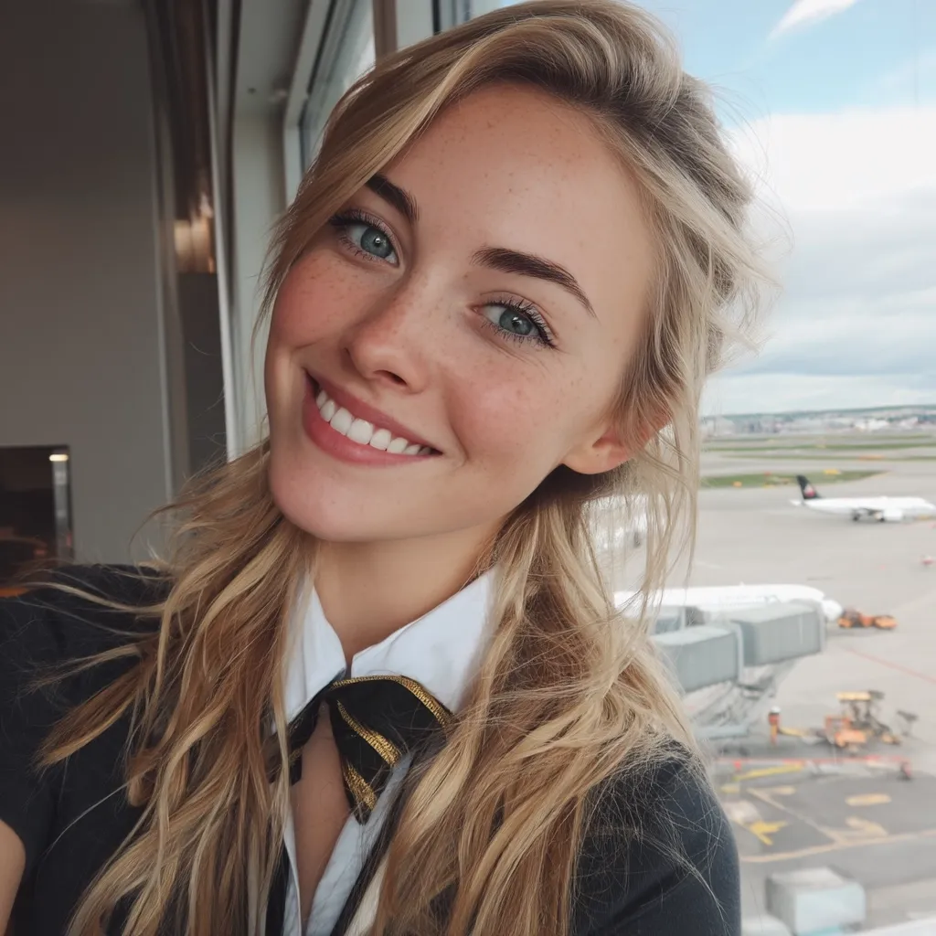 A young woman with long blonde hair and freckles smiles brightly.  She's wearing a dark blazer and white collared shirt with a gold and black bow tie, suggesting a flight attendant uniform.  The background shows an airport tarmac with airplanes and jet bridges, indicating her workplace.  Her blue eyes and radiant smile are captivating.