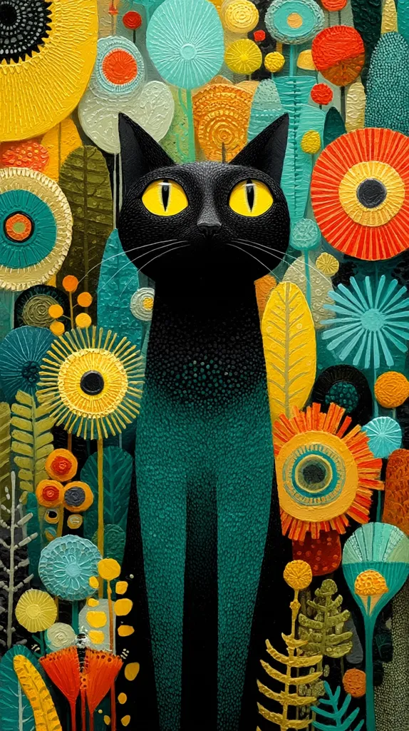 A stylized black cat with bright yellow eyes stands in a vibrant garden.  The artwork features bold, textured flowers in various shades of yellow, orange, teal, and green.  The cat's body blends into the teal tones of the background flora, creating a cohesive and whimsical scene. The style is reminiscent of folk art or naive painting, with a focus on flat color and bold shapes.