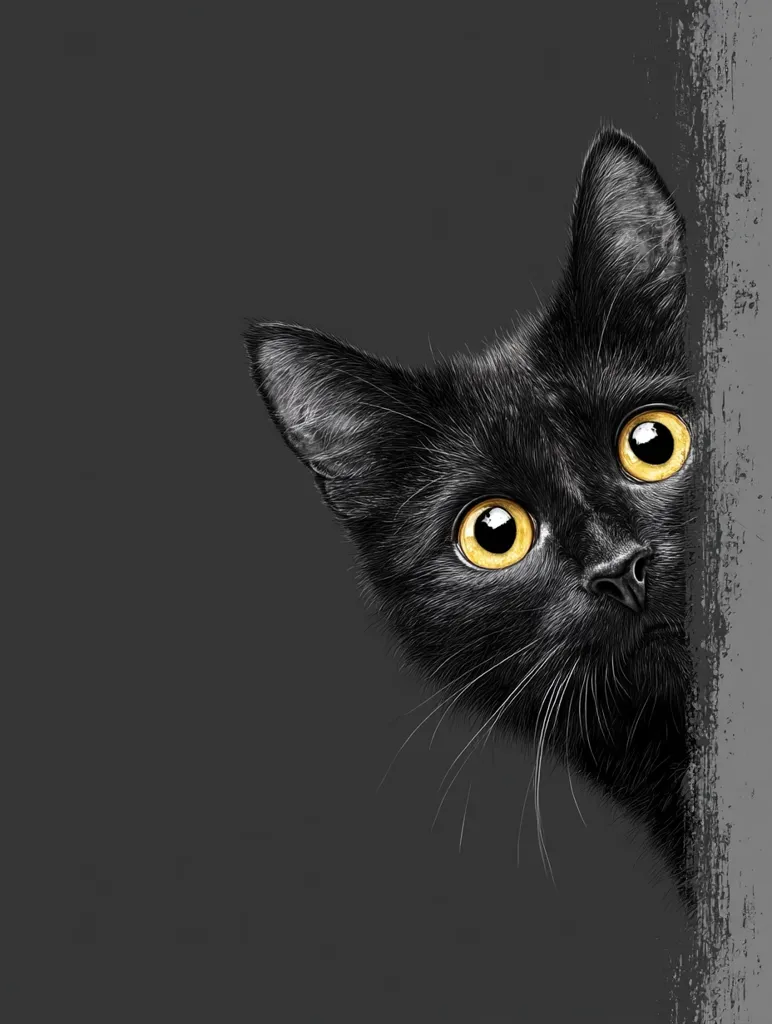 A black cat with bright yellow eyes peeks from behind a gray surface.  Only its head and shoulders are visible, creating a playful, curious mood. The detailed drawing emphasizes the cat's soft fur and intense gaze, making it a captivating image. The dark background contrasts beautifully with the cat's bright eyes.