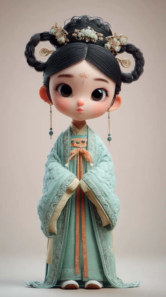 A charming 3D-rendered doll, styled in traditional East Asian attire, is presented.  The doll features large, expressive eyes and an intricately styled hairstyle adorned with delicate floral embellishments.  She wears a flowing, light teal gown with detailed embroidery and matching accessories. The overall aesthetic is delicate and elegant, reminiscent of classical Chinese art.