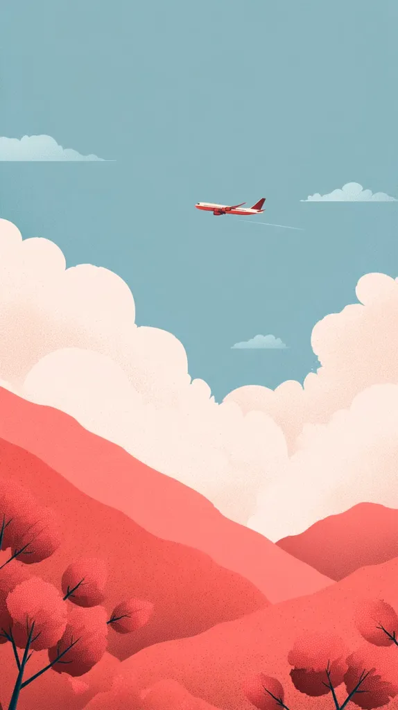 A stylized illustration depicts a tranquil scene.  A red airplane flies high above a landscape of soft coral-colored hills and puffy white clouds against a pale blue sky.  The minimalist style and muted color palette create a serene and calming atmosphere.  Small, dark-branched trees dot the lower portion of the image, adding subtle detail to the hills.