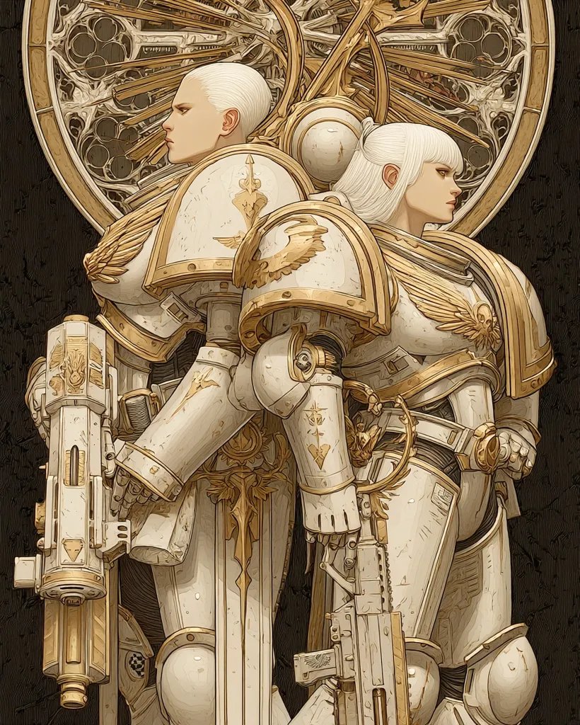 Two female Space Marines, clad in ornate white and gold power armor, stand back-to-back.  Their armor is intricately detailed, featuring golden accents and winged shoulder pauldrons.  They each hold a distinct weapon, their poses suggesting readiness and strength.  A large, circular, gothic-style frame forms a backdrop, enhancing the image's dramatic effect. The overall style is reminiscent of fantasy art and military sci-fi.
