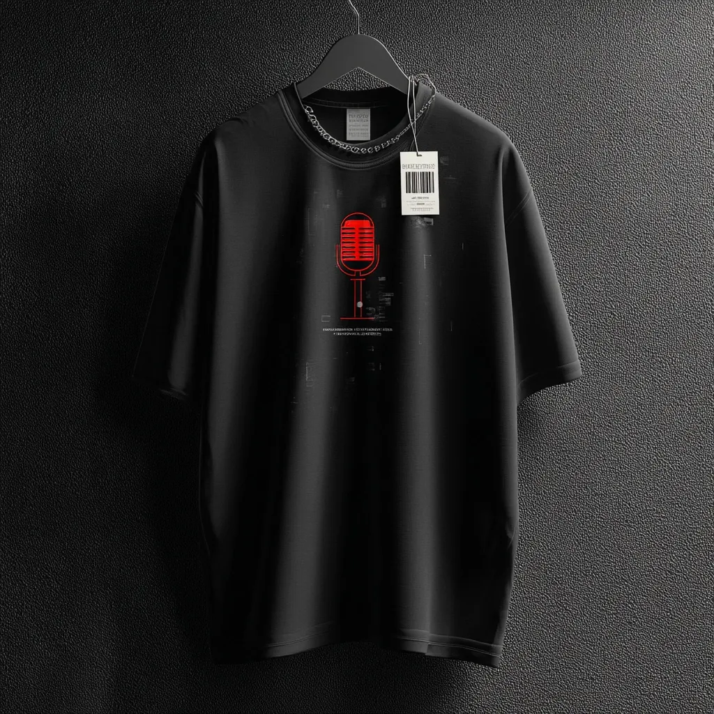 A black t-shirt hangs on a hanger against a dark gray background.  The shirt features a minimalist red graphic of a vintage microphone with subtle glitch effect text underneath. A price tag is attached. The overall aesthetic is modern and understated with a focus on clean lines and a dark color palette.
