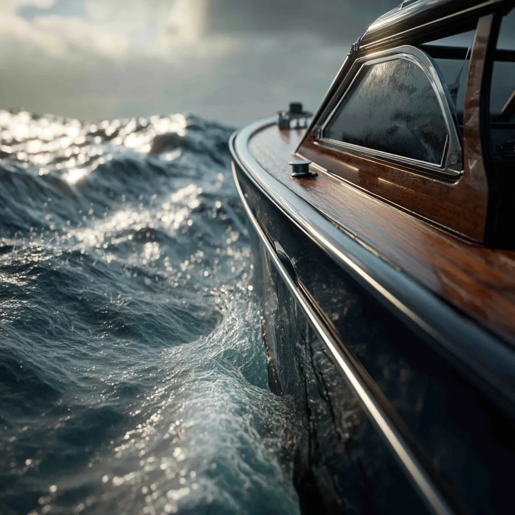 A classic wooden motorboat cuts through dark, choppy waters.  The polished hull gleams, contrasting with the textured wood and the churning waves. Sunlight reflects on the water's surface, highlighting the boat's sleek lines and the energy of its movement.  The image focuses on the boat's side, capturing the details of its craftsmanship and the dynamic interaction with the sea.