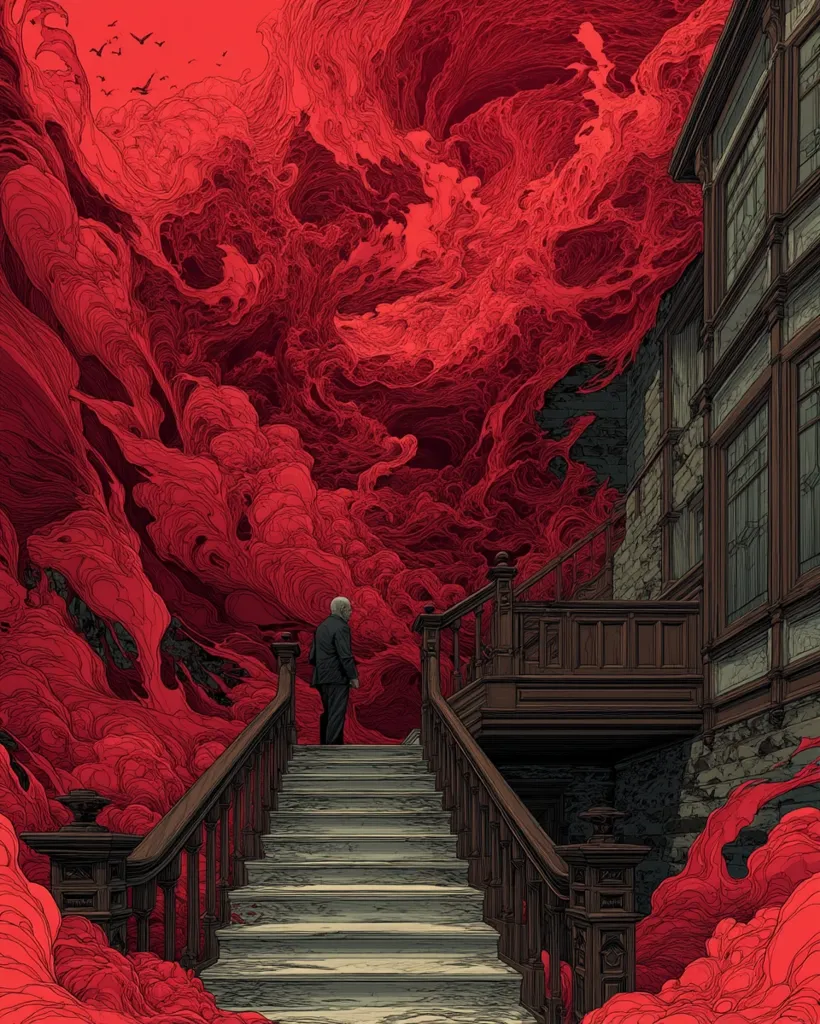 An elderly man in a suit stands on a grand staircase ascending towards an ominous, swirling red mass that fills the sky.  The red clouds resemble smoke or blood, creating a surreal and unsettling atmosphere.  The architecture is detailed, contrasting the dark, ominous sky with a detailed, ornate building. The scene evokes a sense of foreboding and mystery.