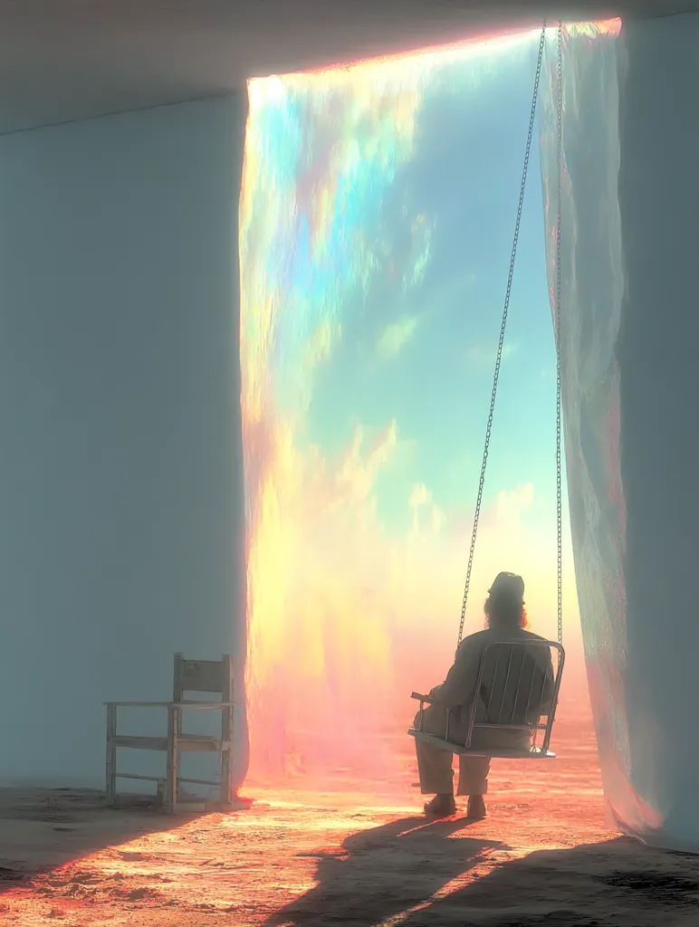 A person sits on a swing suspended before a luminous, iridescent curtain.  The curtain reveals a vibrant sunset sky beyond. A simple wooden chair sits nearby in a minimalist, light-filled room. The scene evokes a feeling of peaceful contemplation and otherworldly serenity.  The warm, pastel colors create a dreamlike atmosphere.