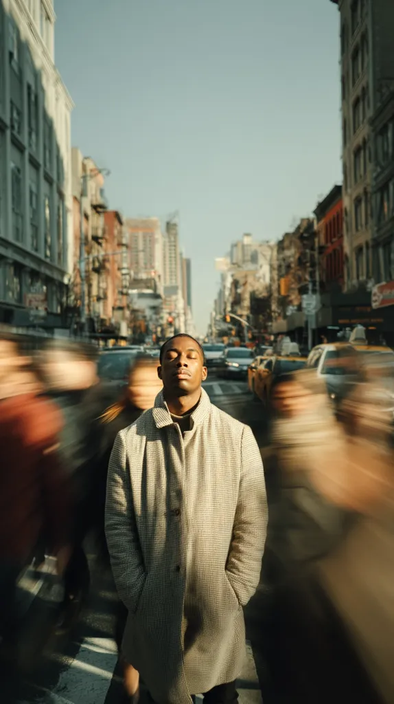 A Black man stands calmly on a busy city street, his eyes closed, amidst a blur of motion.  He's dressed in a light beige overcoat, hands in pockets.  The background features tall buildings and moving vehicles, creating a contrast between his stillness and the city's dynamism.  Sunlight illuminates him, highlighting his peaceful demeanor.  The image conveys a sense of serenity in the midst of urban chaos.