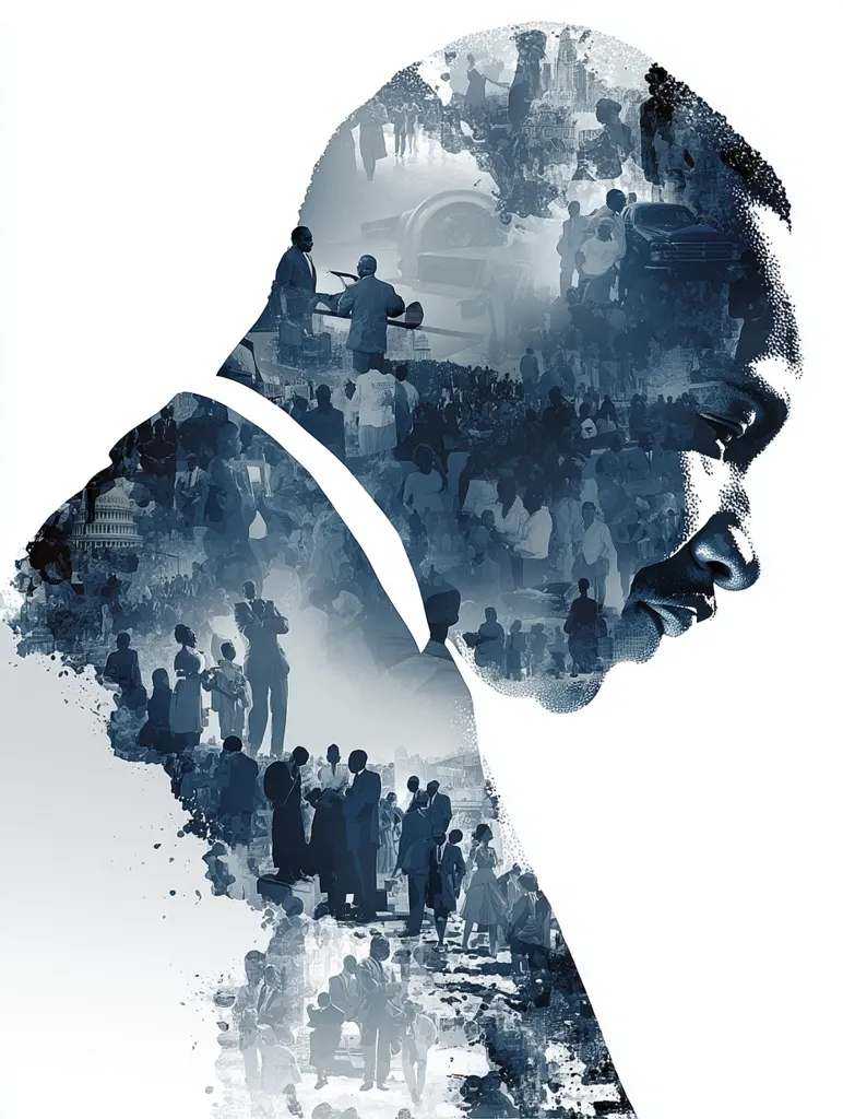 A powerful monochrome portrait of Martin Luther King Jr.  His profile is overlaid with a collage of images depicting the Civil Rights Movement.  The composition evokes a sense of weight and reflection, with scenes of marches, speeches, and crowds merging seamlessly with the leader's somber countenance.  The overall effect is both poignant and visually striking, encapsulating a pivotal moment in American history.
