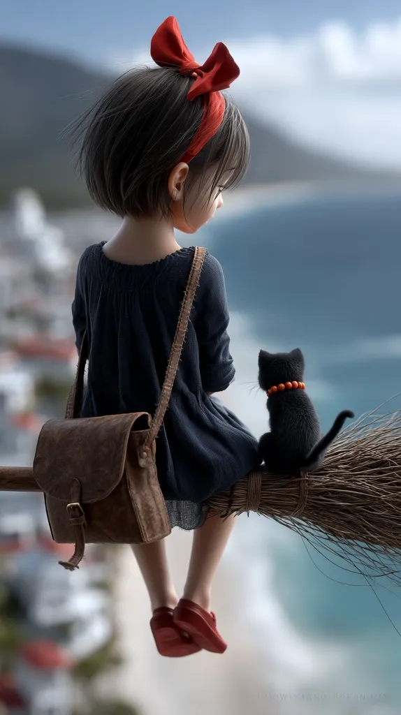 A young girl with short dark hair and a red bow sits on a broomstick, overlooking a coastal town.  She wears a dark dress and brown satchel. A small black cat with an orange collar sits beside her. The scene is rendered in a highly realistic, almost photorealistic, style. The overall mood is serene and slightly melancholic.