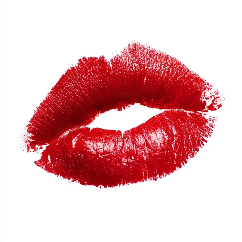 A vibrant red lipstick imprint in the shape of a kiss is displayed against a stark white background.  The texture of the lipstick is visible, showing a slightly smudged and textured application.  The image is bold and graphic, conveying a sense of passion and romance.