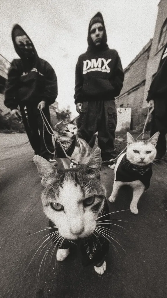 A black and white, low-angle, wide shot depicts three hooded figures, appearing to be teenagers or young adults, walking down a city street, each leading a cat on a leash. The cats are dressed in miniature leather jackets. The central figure wears a hoodie with "DMX" printed on it. The image has a gritty, urban feel.