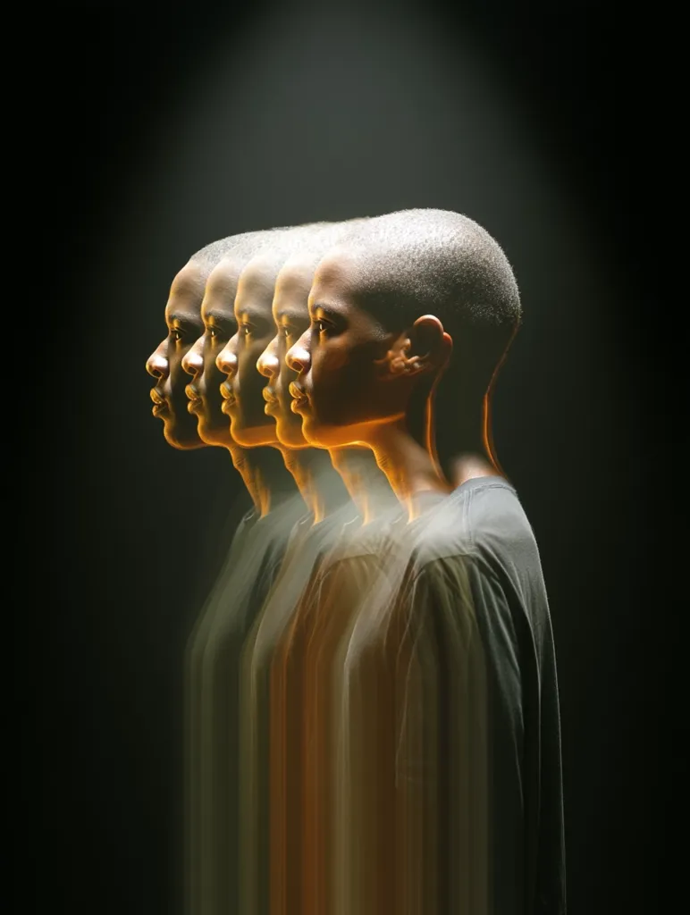 A stylized image shows four figures, seemingly identical, standing in profile against a dark background.  Illuminated from above, they create a blurred, almost ghostly effect.  The figures, with closely cropped hair, wear simple, dark clothing. The overlapping forms suggest a theme of multiplicity or cloning, creating a sense of mystery and visual intrigue.