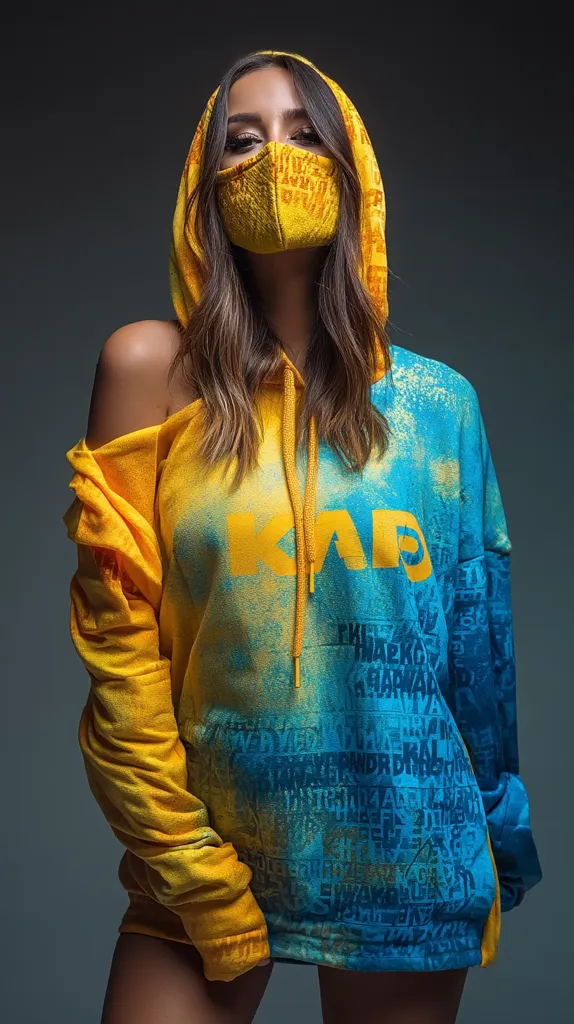 A young woman models a vibrant yellow and blue tie-dye hoodie.  The hoodie features a large "KAB" graphic and smaller, indiscernible text. She wears a matching yellow face mask and has long brown hair. The off-the-shoulder style reveals her shoulders and arms. The background is a muted gray.  The overall image is stylish and edgy.