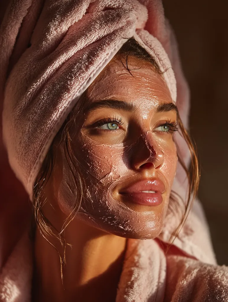 Close-up of a young woman with a thick, creamy face mask on. Her hair is wrapped in a pink towel.  Warm, golden light illuminates her face, highlighting her green eyes and the texture of the mask. She appears relaxed and is possibly enjoying a skincare routine. The overall mood is serene and luxurious.