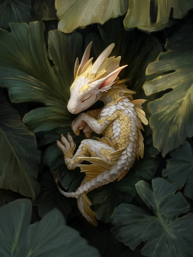 A small, golden dragon sleeps peacefully amidst large, dark green leaves.  Its scales shimmer with a soft, pearly light, and its tail curls gently beneath it. The dragon's features are delicate and serene, its eyes closed in slumber. The lush foliage creates a tranquil and mystical atmosphere, emphasizing the dragon's ethereal beauty.  The image evokes a sense of wonder and magic.