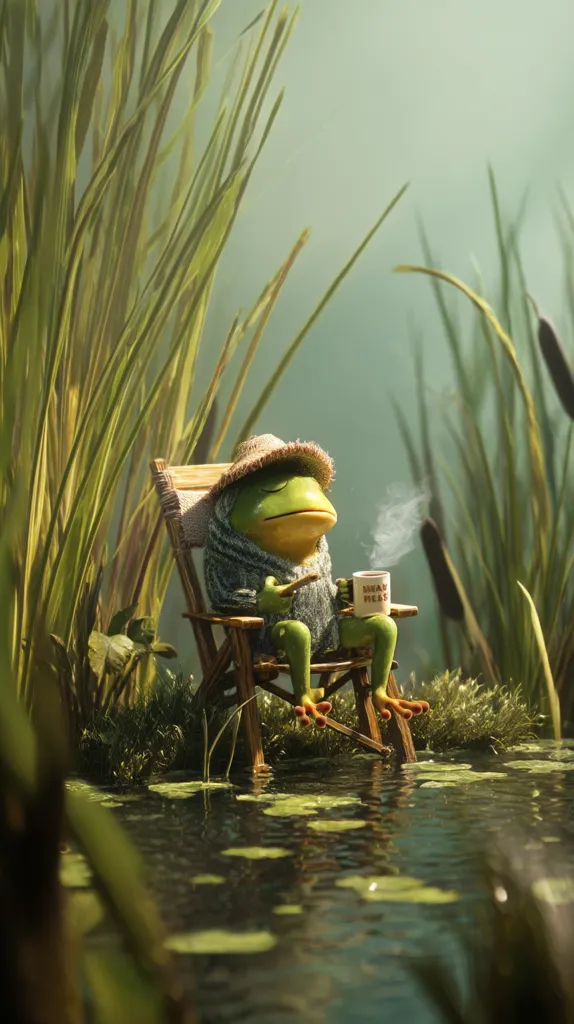 A whimsical illustration depicts a frog, wearing a hat and sweater, relaxing in a wooden chair beside a tranquil pond.  Tall grasses surround the serene scene. The frog holds a mug, steam rising from its contents, suggesting a warm drink. The overall atmosphere is peaceful and charming, showcasing a blend of fantasy and realism.