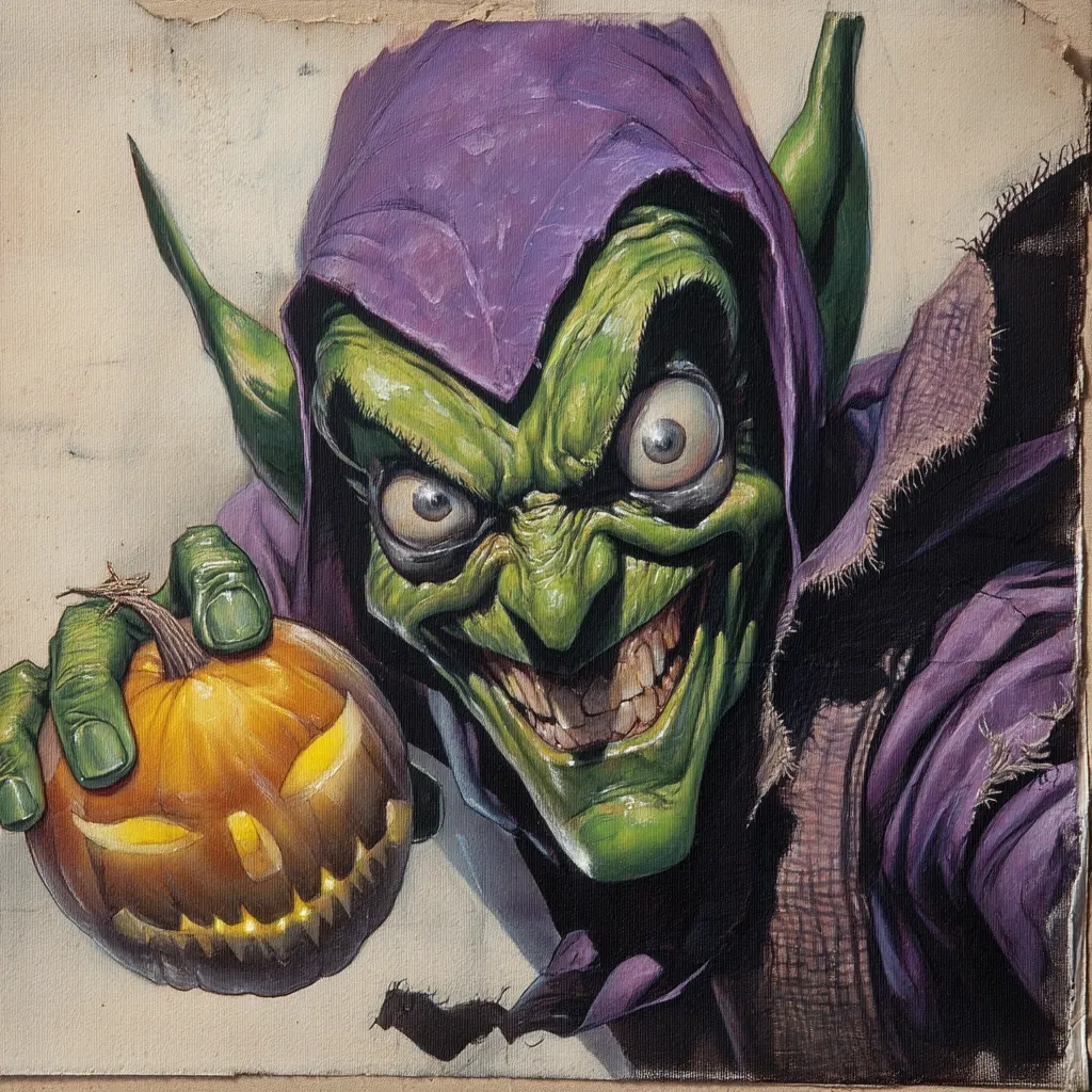 A close-up painting depicts the Green Goblin, a Marvel Comics villain.  His grotesque features, including bulging eyes and a wicked grin, are accentuated by the vibrant green skin and purple hood. He holds a carved jack-o'-lantern, adding a Halloween theme to the sinister portrait. The style is detailed and realistic, showcasing the character's menacing personality.