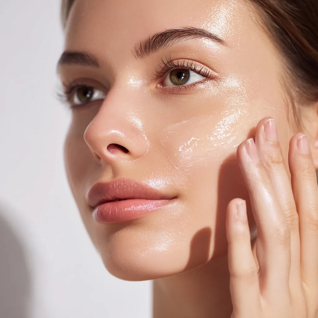 Close-up of a young woman's face as she applies a creamy, luminous skincare product.  Her skin appears smooth and radiant with a dewy finish.  The image focuses on the application process, highlighting the product's texture and the woman's gentle touch.  The overall impression is one of healthy, glowing skin and skincare routine.