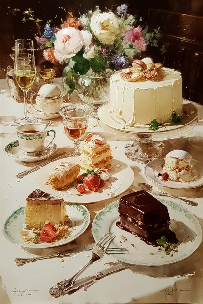 A still life painting showcases a lavish dessert spread.  A large, creamy white cake takes center stage, surrounded by smaller cakes and pastries, including a chocolate layer cake, a creamy slice, and a Napoleon pastry.  Fresh strawberries and raspberries adorn several plates.  Elegant glassware, fine china, and silverware complete the scene, set against a background of a vibrant floral arrangement. The overall impression is one of refined elegance and delectable indulgence.