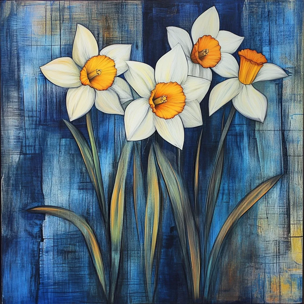 A stylized painting of four daffodils against a deep blue background. The daffodils are rendered with thick, textured strokes, emphasizing their creamy white petals and bright orange centers. The background features a textured, almost wooden appearance, adding depth and contrast to the floral subject.  The overall style is bold and expressive, with a focus on color and texture.