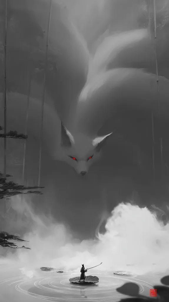 A monochrome illustration depicts a colossal nine-tailed fox, its red eyes piercing through the mist.  A lone figure, seemingly a fisherman, stands on a giant lily pad in a serene, misty lake, dwarfed by the immense creature looming above. The scene evokes a sense of mystical awe and quiet confrontation in a tranquil, yet ominous, natural setting.  Tall bamboo-like structures frame the background.
