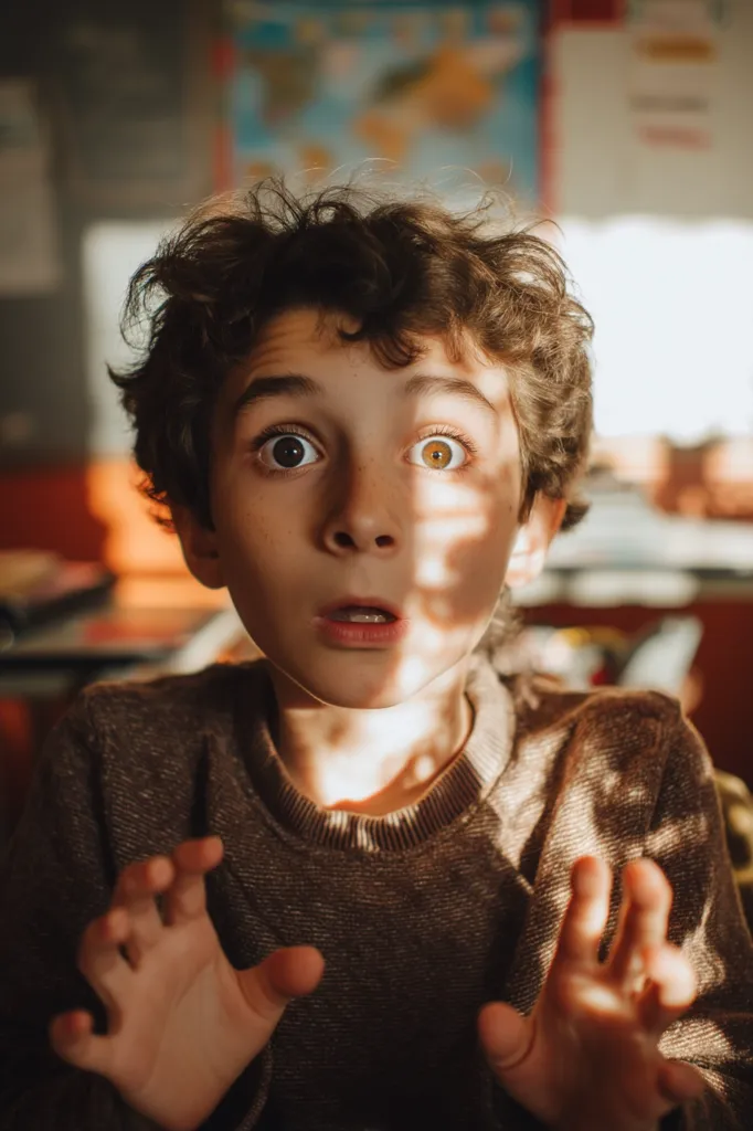 A young boy with curly brown hair looks surprised, his eyes wide and mouth slightly open.  Sunlight streams through a window, casting shadows across his face. He's wearing a brown sweater and his hands are raised in a gesture of alarm or surprise. The background is blurred, suggesting a classroom setting. The overall mood is one of playful apprehension.