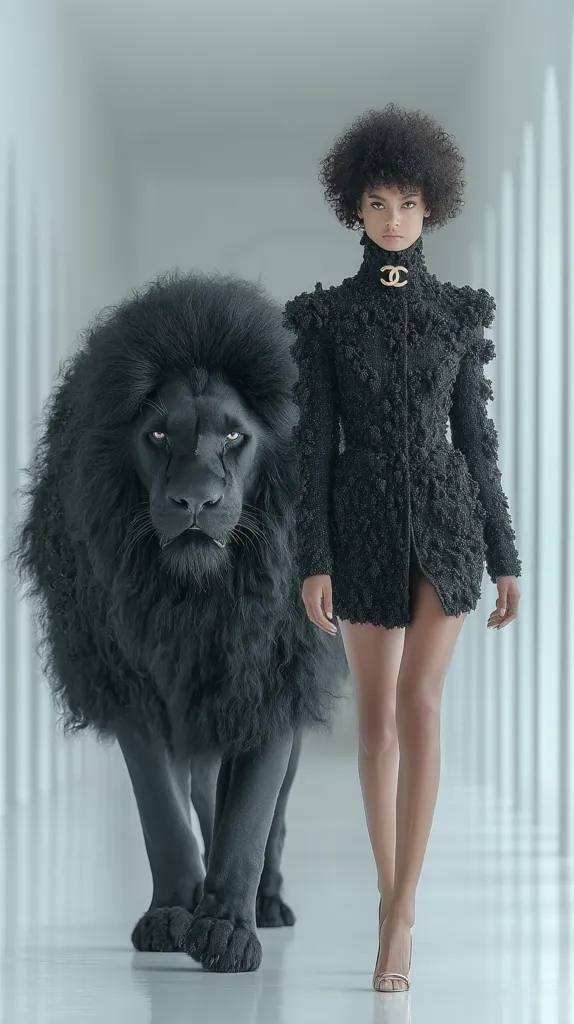 A fashion model with an afro walks confidently down a white hallway, a majestic black lion pacing beside her.  She wears a textured black mini-dress adorned with a Chanel brooch.  The image is starkly minimalist, focusing on the contrast between the woman’s elegance and the lion's wild presence. The overall mood is sophisticated and dramatic.