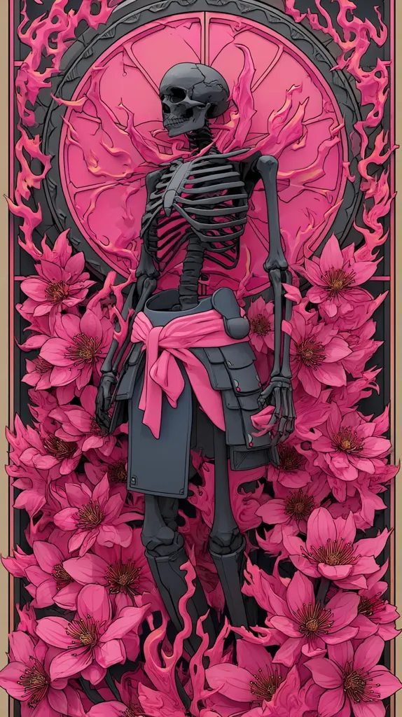A skeletal samurai, rendered in dark gray, stands amidst a vibrant profusion of hot pink flowers.  The skeleton is adorned with a pink obi and is framed within a circular design featuring stylized pink flames. The overall aesthetic is a striking juxtaposition of life and death, with the delicate flowers contrasting sharply with the skeletal figure.  The image is richly detailed, exhibiting a high level of artistic skill.