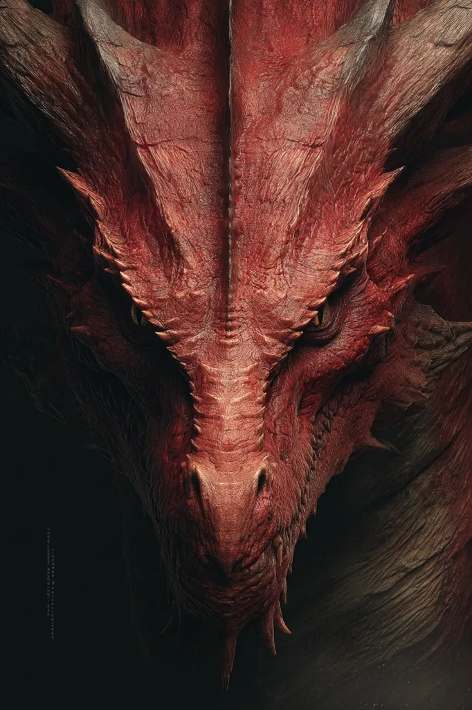 A close-up reveals the head of a majestic red dragon, its scales intricately detailed and textured.  The dragon's intense gaze is captivating, its eyes reflecting an ancient power.  The image is dark and moody, emphasizing the creature's formidable presence and the depth of its reddish-brown scales.  The texture suggests age and strength, hinting at a powerful and potentially dangerous being.