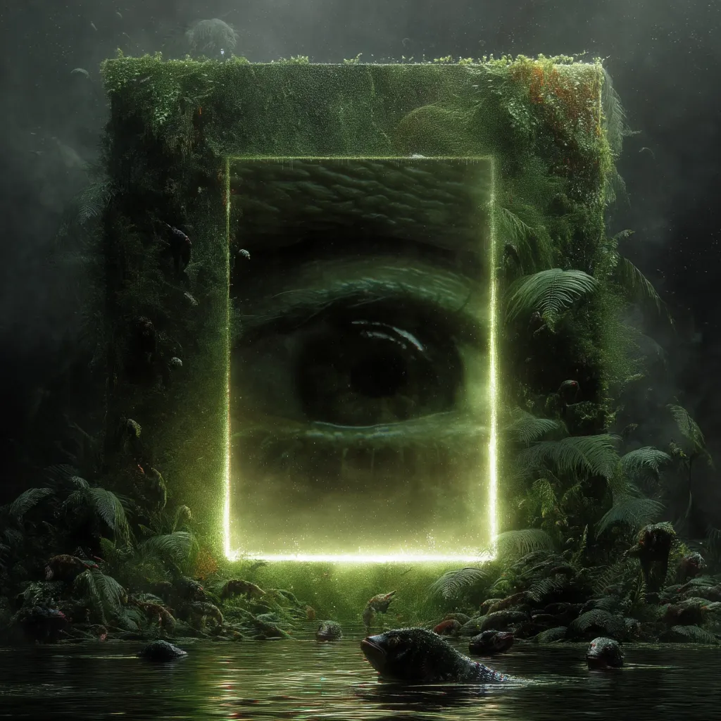 A luminous green rectangular portal, embedded in a lush, overgrown stone structure, reveals a giant, mesmerizing eye.  Surrounding the portal is a dark, swampy environment teeming with aquatic life.  The scene evokes a sense of mystery and otherworldly wonder, possibly suggesting a hidden world or a gateway to another realm.  A mystical and slightly ominous atmosphere pervades the image.