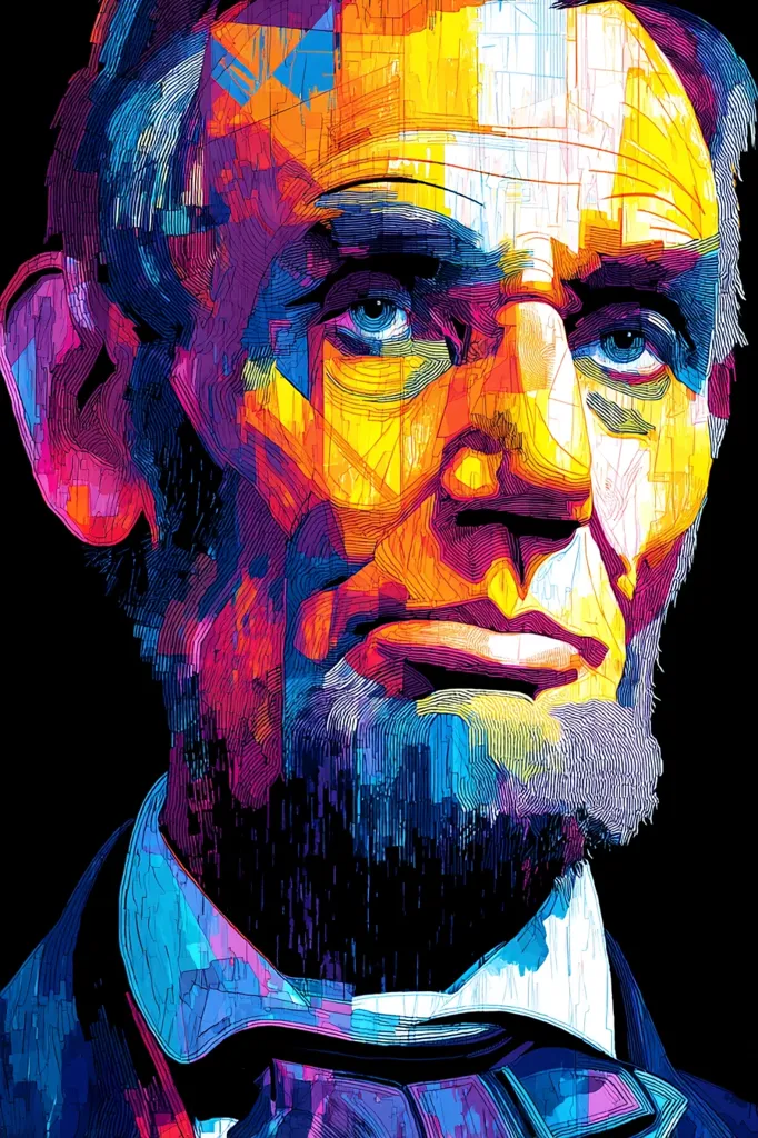 A vibrant, stylized portrait of Abraham Lincoln dominates the image.  Rendered in a bold, fragmented style with a striking palette of blues, oranges, and purples, the artwork uses lines and blocks of color to depict the 16th president's weathered features and iconic beard.  The fragmented effect creates a sense of energy and dynamism, contrasting with the solemnity of the subject.