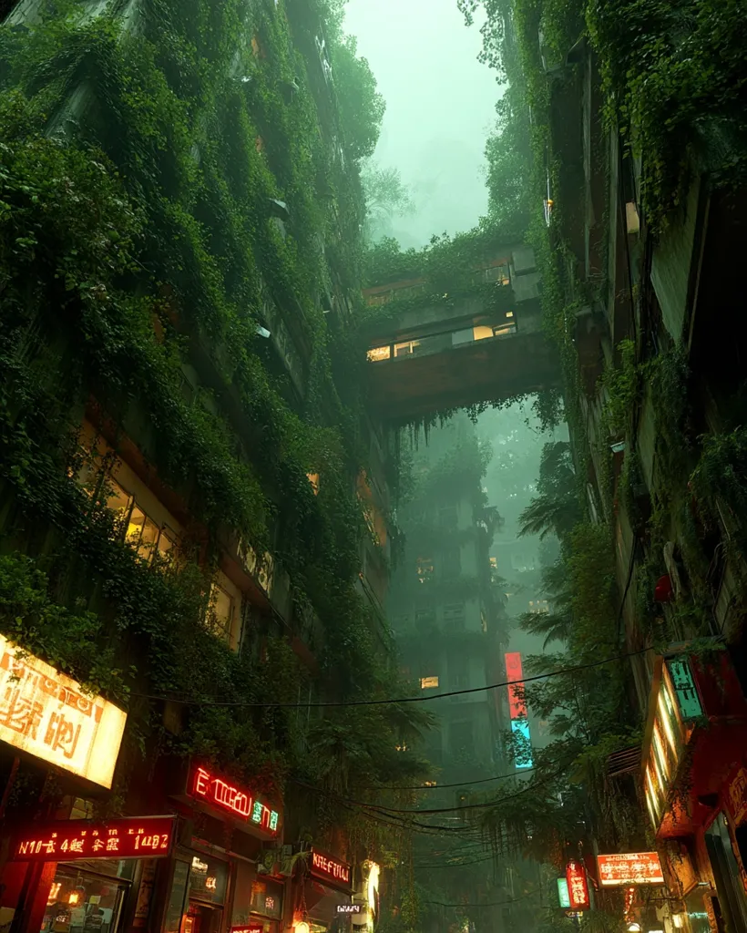 A futuristic cityscape shrouded in mist and overgrown with lush vegetation.  Tall buildings, interconnected by walkways, are densely covered in vines and trees, creating a verdant, almost jungle-like atmosphere. Neon signs illuminate the street below, contrasting with the organic overgrowth. The scene evokes a sense of both technological advancement and nature's reclaiming power.