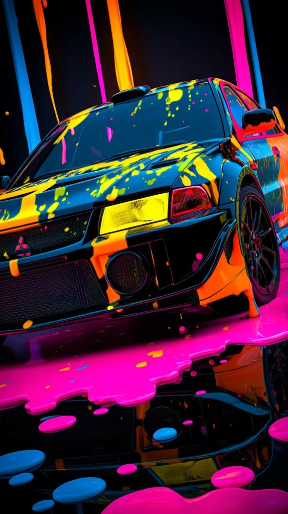 A vibrant, stylized image showcases a Mitsubishi Lancer Evolution, adorned with a striking paint job featuring splashes of neon yellow, orange, pink, and blue.  The car is positioned against a backdrop of similarly colored paint streaks, creating a dynamic and energetic composition. The glossy finish reflects the surrounding colors, enhancing the overall visual impact. The scene suggests speed, energy, and artistic expression.