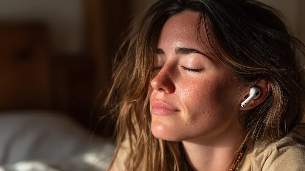 A close-up shot of a woman with long brown hair, eyes closed, and a peaceful expression.  Sunlight illuminates her face, highlighting freckles.  She's wearing a beige top and a single white AirPod in her right ear, suggesting she's listening to something calming.  The background is blurred, indicating a relaxed indoor setting, possibly a bedroom.