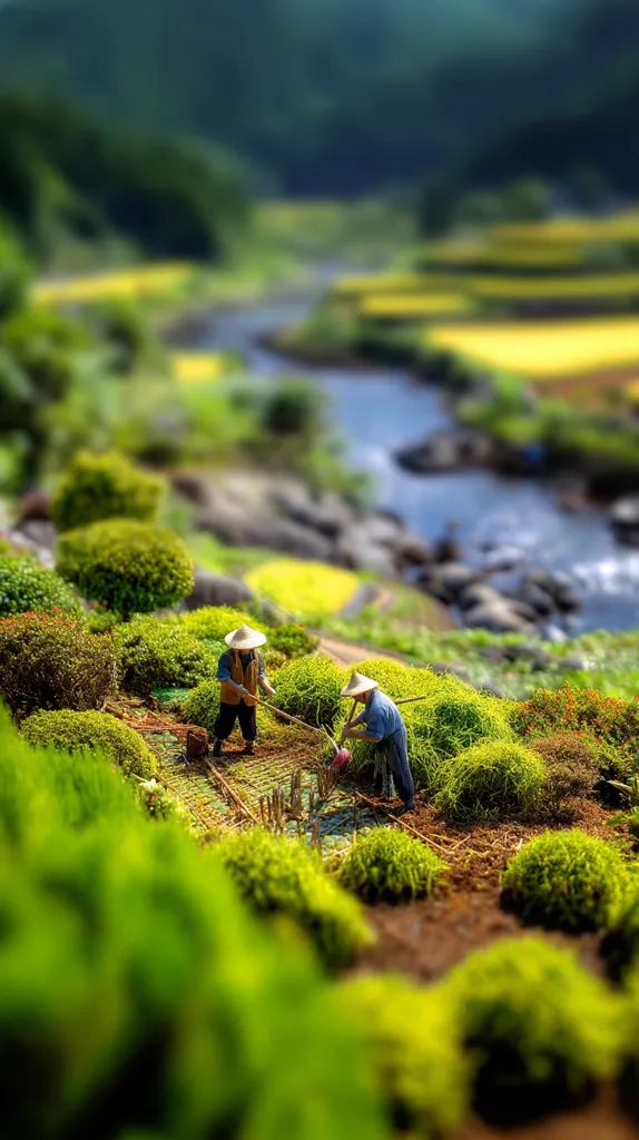 Two miniature figures, wearing traditional Asian conical hats, meticulously tend a small, meticulously crafted garden. Lush green foliage and meticulously arranged plants surround them. A tranquil river meanders through a distant, blurred landscape of terraced fields, creating a serene and idyllic scene.  The overall effect is one of miniature scale and peaceful rural life.