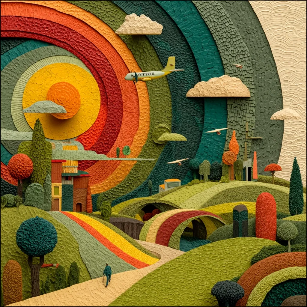 A vibrant, textured landscape unfolds in a circular rainbow pattern.  Small houses and trees populate rolling hills, connected by a multicolored path.  A plane flies overhead against a stylized sun.  The scene is crafted with a textured, almost three-dimensional effect, suggesting a sculpted or painted creation.  The overall style is whimsical and nostalgic, evoking a sense of playful fantasy.