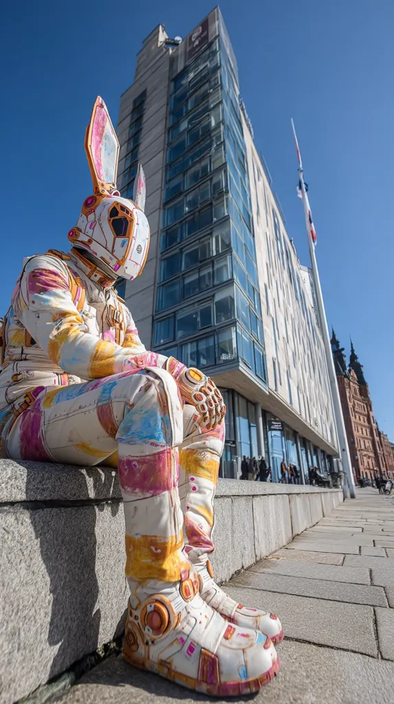 A colorful, rabbit-headed astronaut sits on a low wall, gazing towards a modern glass building under a bright blue sky.  The astronaut's suit is predominantly white with splashes of pink, orange, and yellow paint.  The building, a tall structure with many windows, stands in stark contrast to the whimsical figure.  A flagpole is visible behind the building. The overall scene juxtaposes futuristic fantasy with urban architecture.