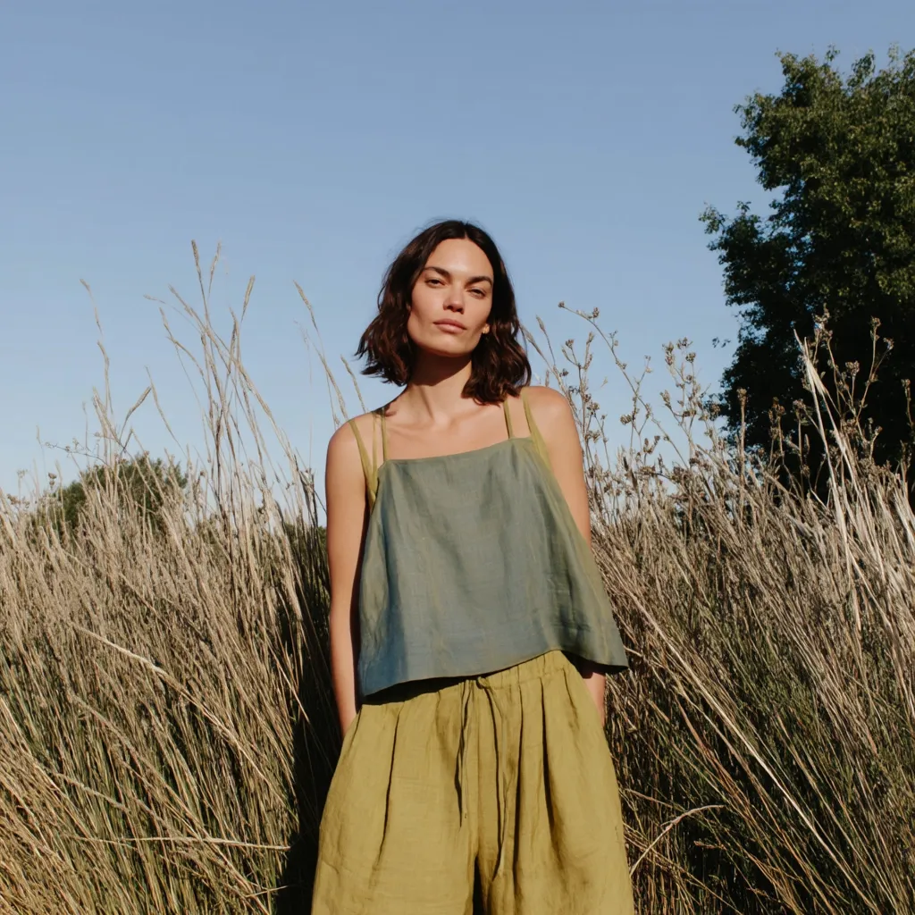 A woman with short brown hair stands in a field of tall, dry grass. She wears a teal linen camisole and matching olive green linen pants. The sun illuminates her face and the scene, creating a serene and natural atmosphere.  The overall style is minimalist and earthy.