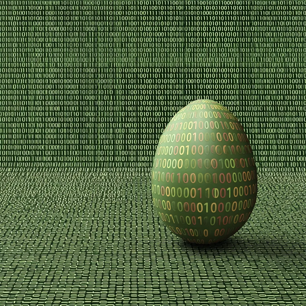A green Easter egg rests on a surface composed of a binary code matrix.  The egg itself is decorated with a similar binary code pattern in muted yellow, orange, and brown hues. The overall scene is dark green, creating a digital, almost technological, Easter theme. The egg appears smooth and subtly reflective.