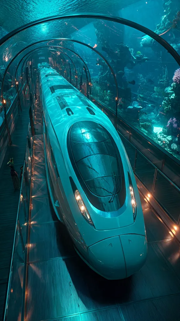 A high-speed train travels through an underwater tunnel, surrounded by a vibrant coral reef and diverse marine life. The tunnel's transparent walls offer panoramic views of the underwater ecosystem, creating a unique and immersive travel experience. The train's sleek, futuristic design contrasts beautifully with the natural beauty of the ocean.  The scene is bathed in a captivating teal light.