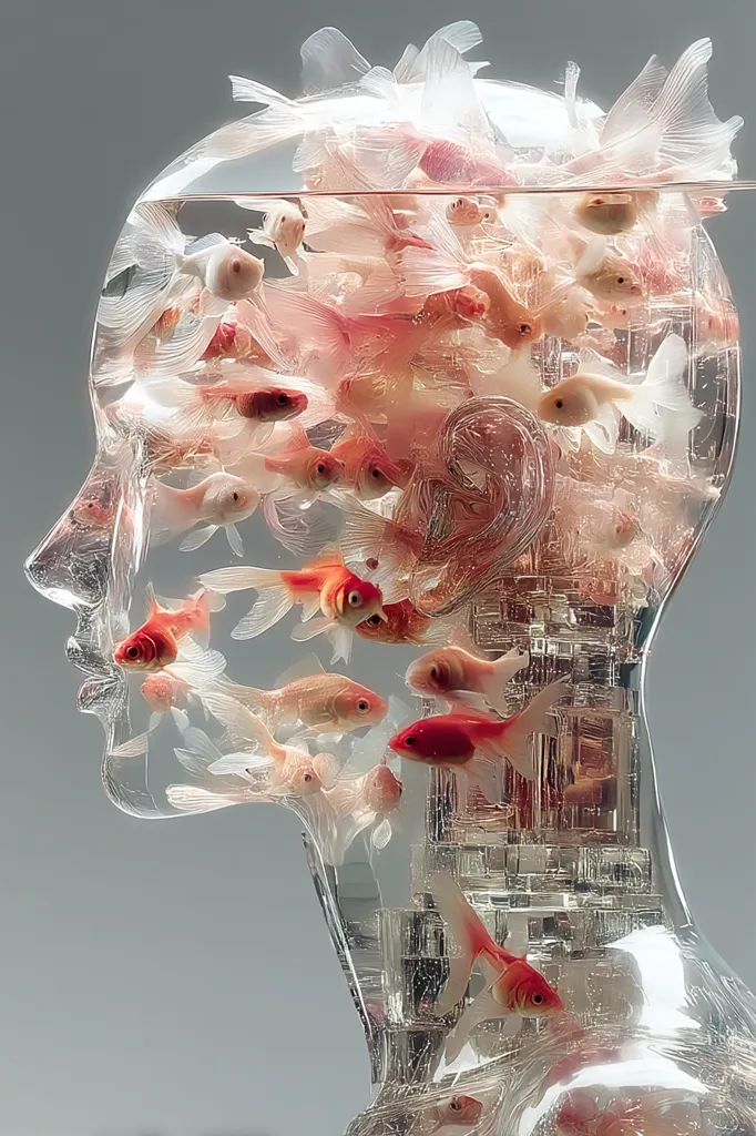 A transparent sculpture resembling a woman's head is filled with numerous goldfish.  The fish, in varying shades of pink and orange, swim within the clear, fluid-filled form.  The sculpture's internal structure is partially visible, adding a layer of complexity to the artwork. The overall effect is ethereal and somewhat surreal.
