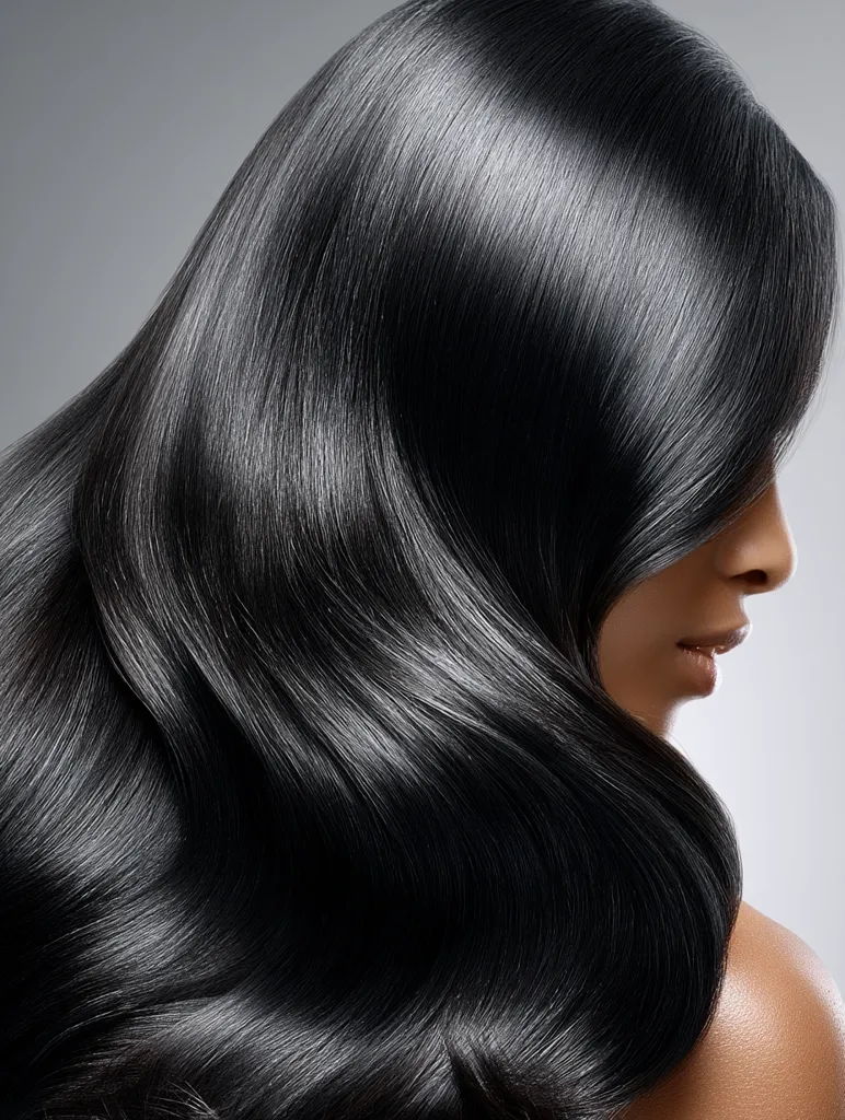 The image showcases a woman's long, flowing, black hair.  Her hair is incredibly glossy and smooth, cascading over her shoulder in soft waves. The lighting emphasizes the shine and texture of the hair, creating a luxurious and elegant visual.  The woman's profile is visible, suggesting a focus on the beauty and health of her hair.